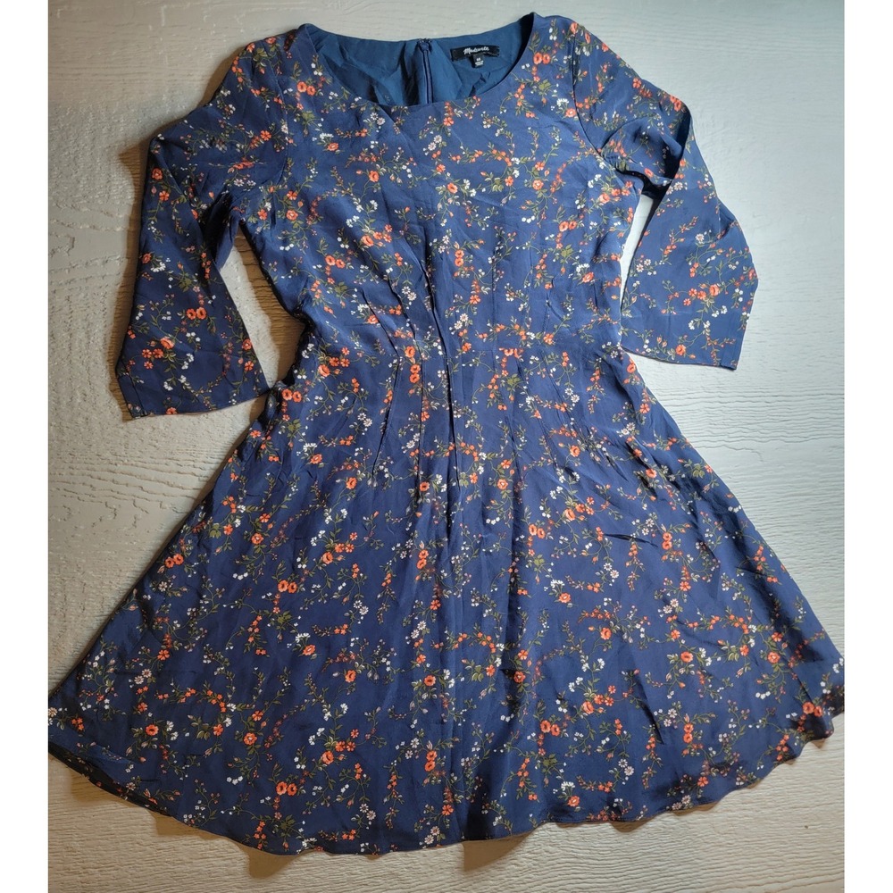 ♡Madewell Womens 100% Silk Floral Fit‎ & Flare Mini Dress Blue Orange Size 00